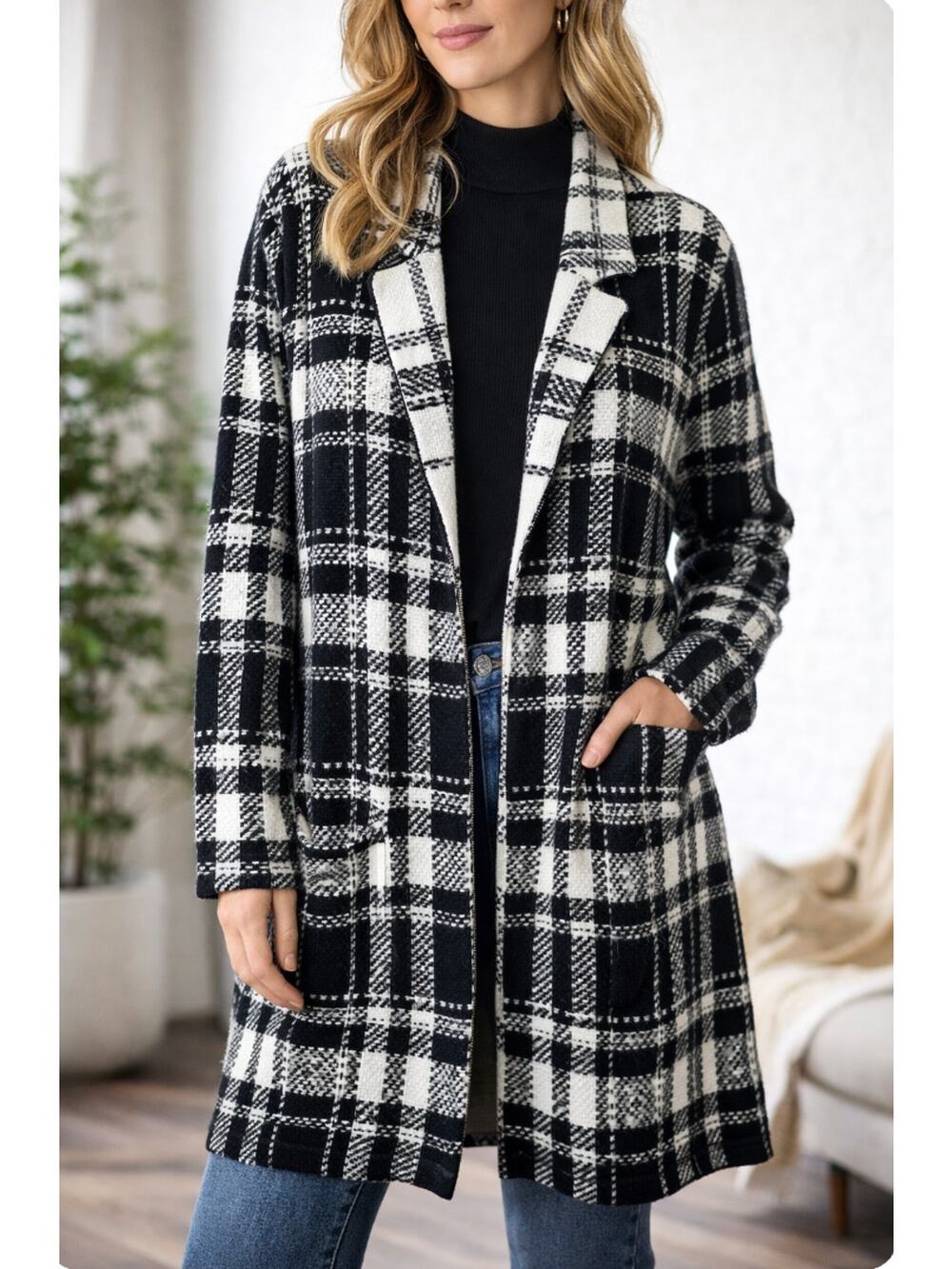 Chaps Ralph Lauren Black White Plaid Open Front Coatigan Sweater Jacket S